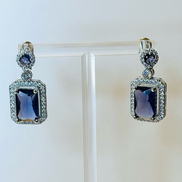 14K White Gold Plated Over Lab Created Rectangle Amethyst And Zirconia Earrings - Picture 3 of 3